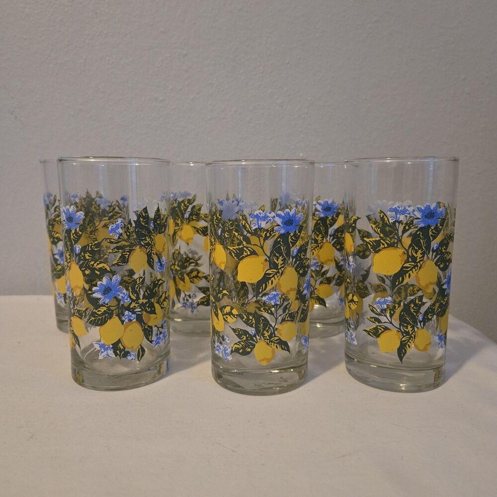 Greenbriar International LEMONS BLUE FLOWERS beer glasses 16 OZ NEW set of 6 SIX